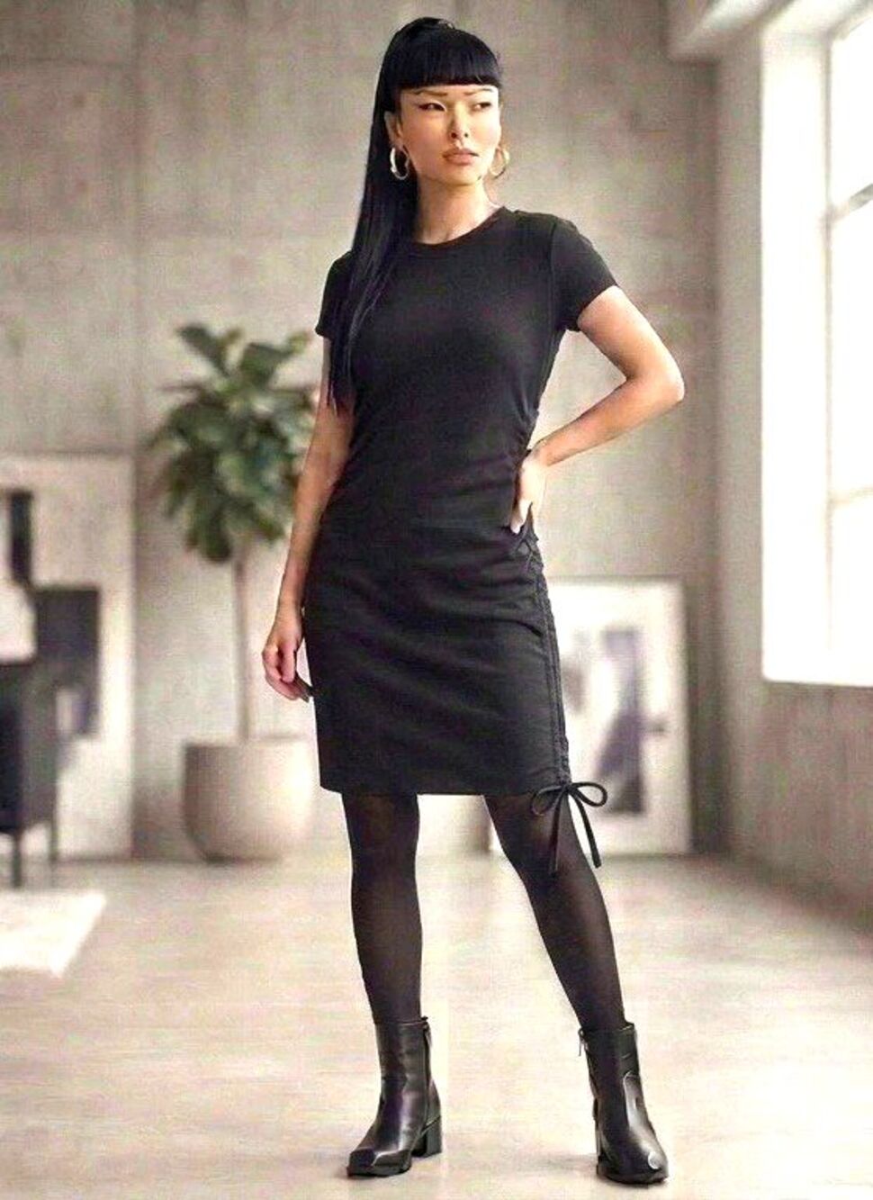 Calvin Klein Ruched Dress 10P Petite Black Single Side Drawstring Stretch Knit